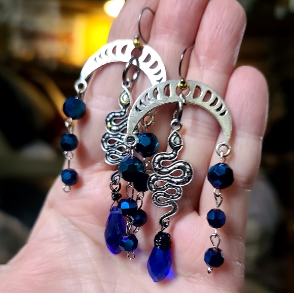 Fun Moonphase serpent π &vintage venetian midnight gem earrings - Picture 5 of 10